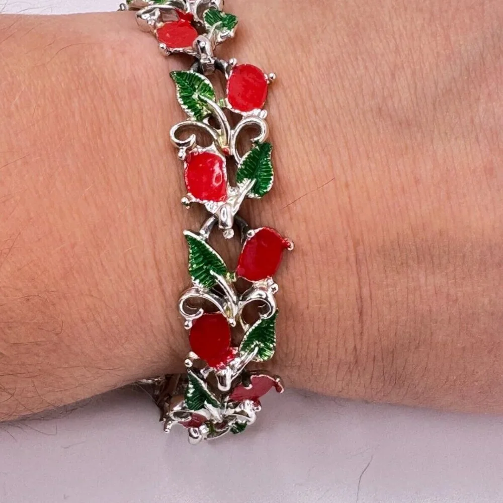 Christmas Holly Bracelet Red Green Silver Tone Metal Festive Winter Holidays - Picture 4 of 6